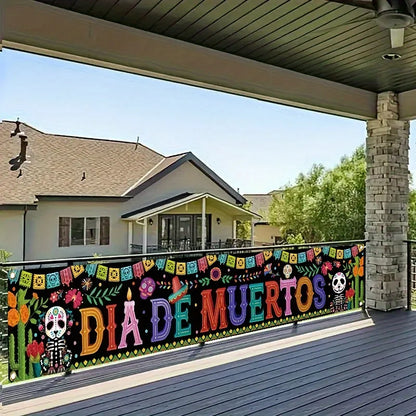 Day of the Dead skeletons and cacti, fences and banners,