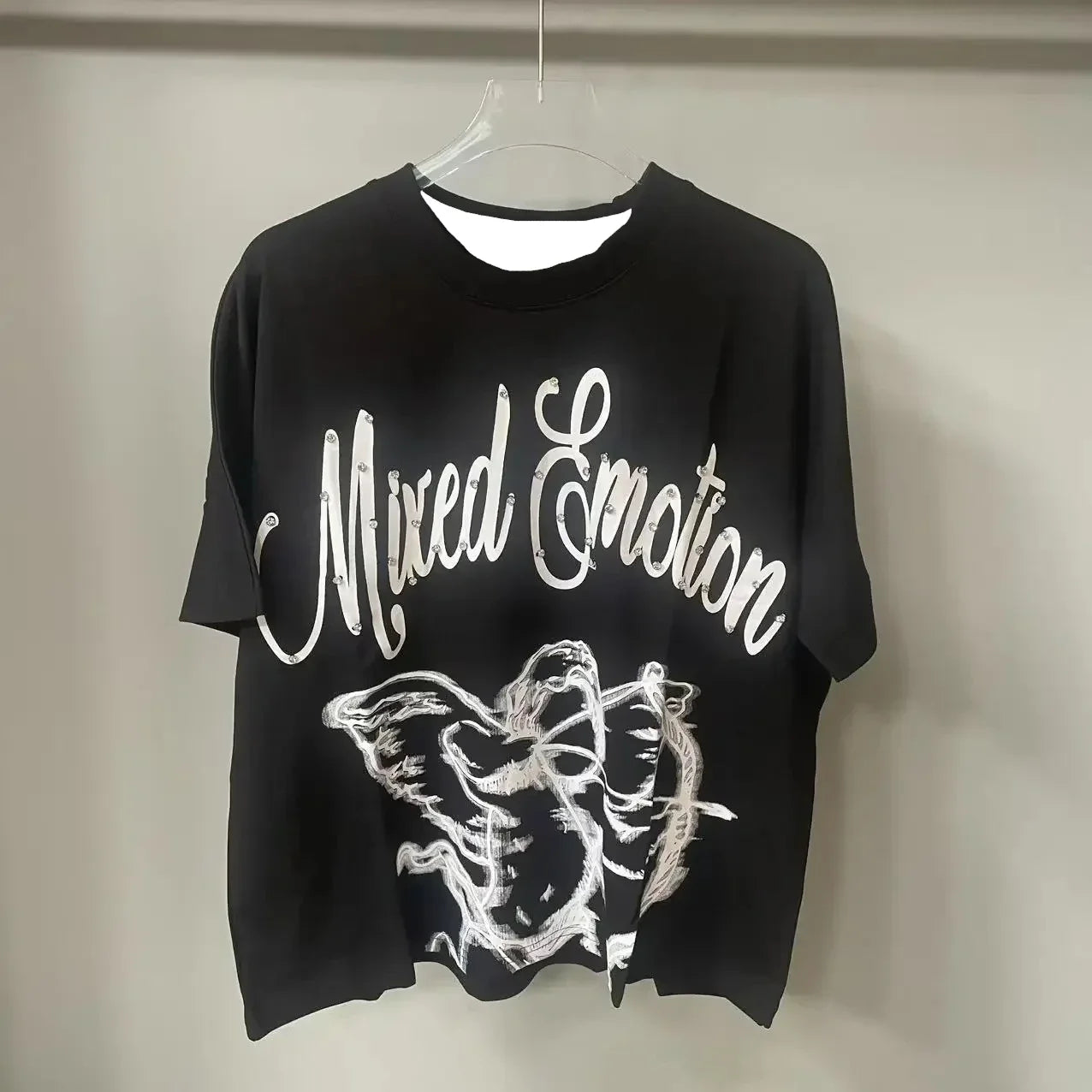 New Summer Letter Rhinestone Short Sleeve Black Men's T-Shirt