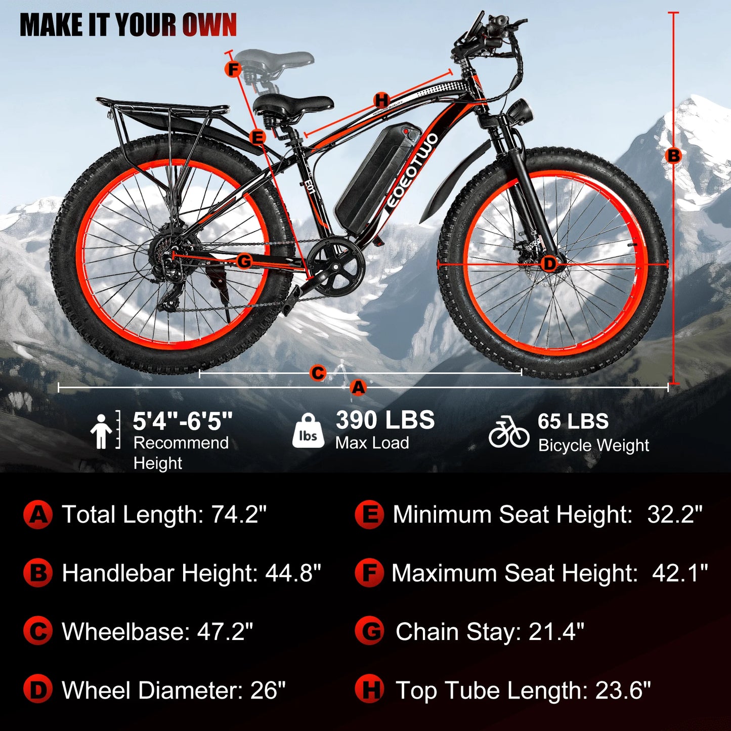 EOEOTWO E01 Electric Bike,26"x4.0 Fat Tire Ebike for Adults,