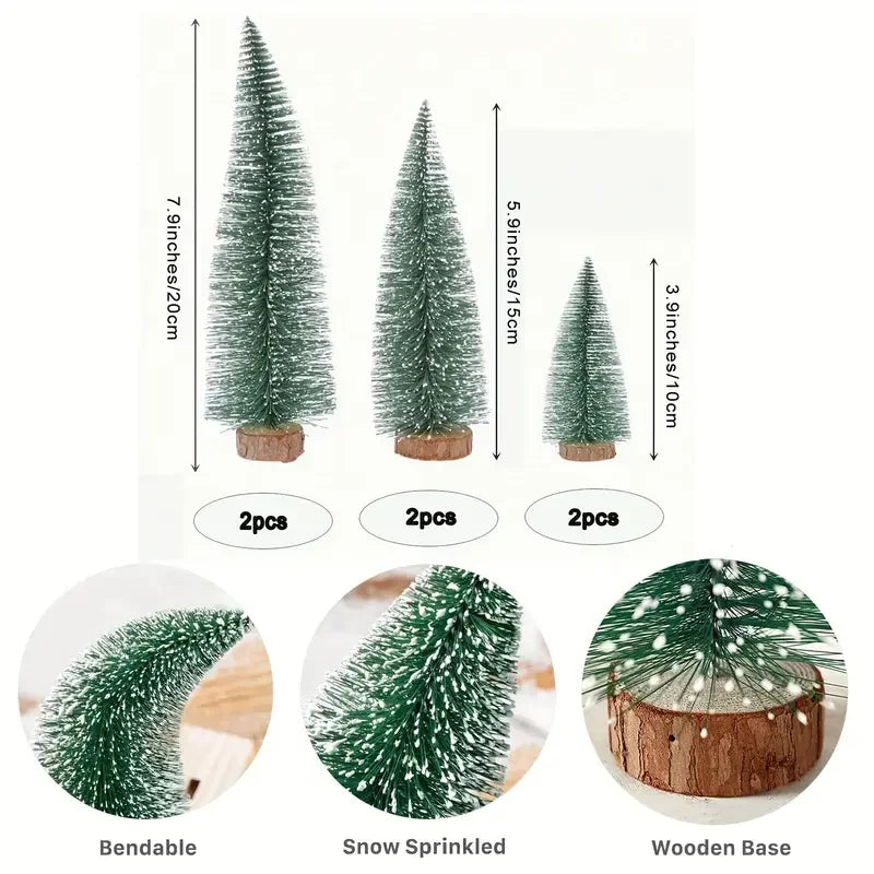 6pcs Mini Christmas Trees, Sisal Trees With Wood Base,