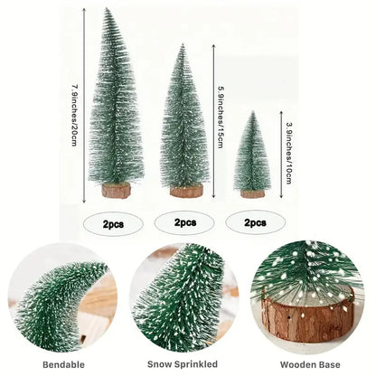 6pcs Mini Christmas Trees, Sisal Trees With Wood Base,