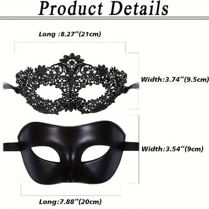 2pcs Elegant Black Lace Masquerade Mask Set for Couples -