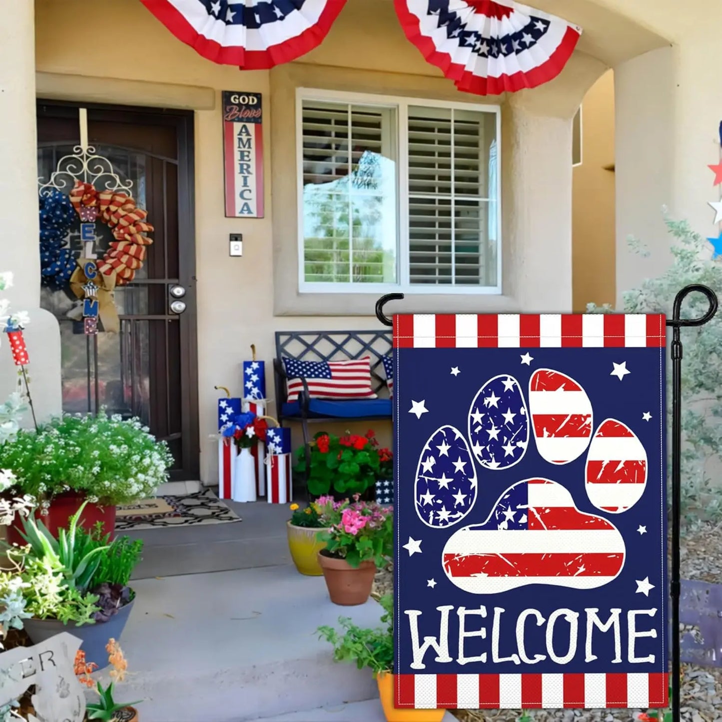 4th of July Patriotic Garden Flag Welcome Funny Dog