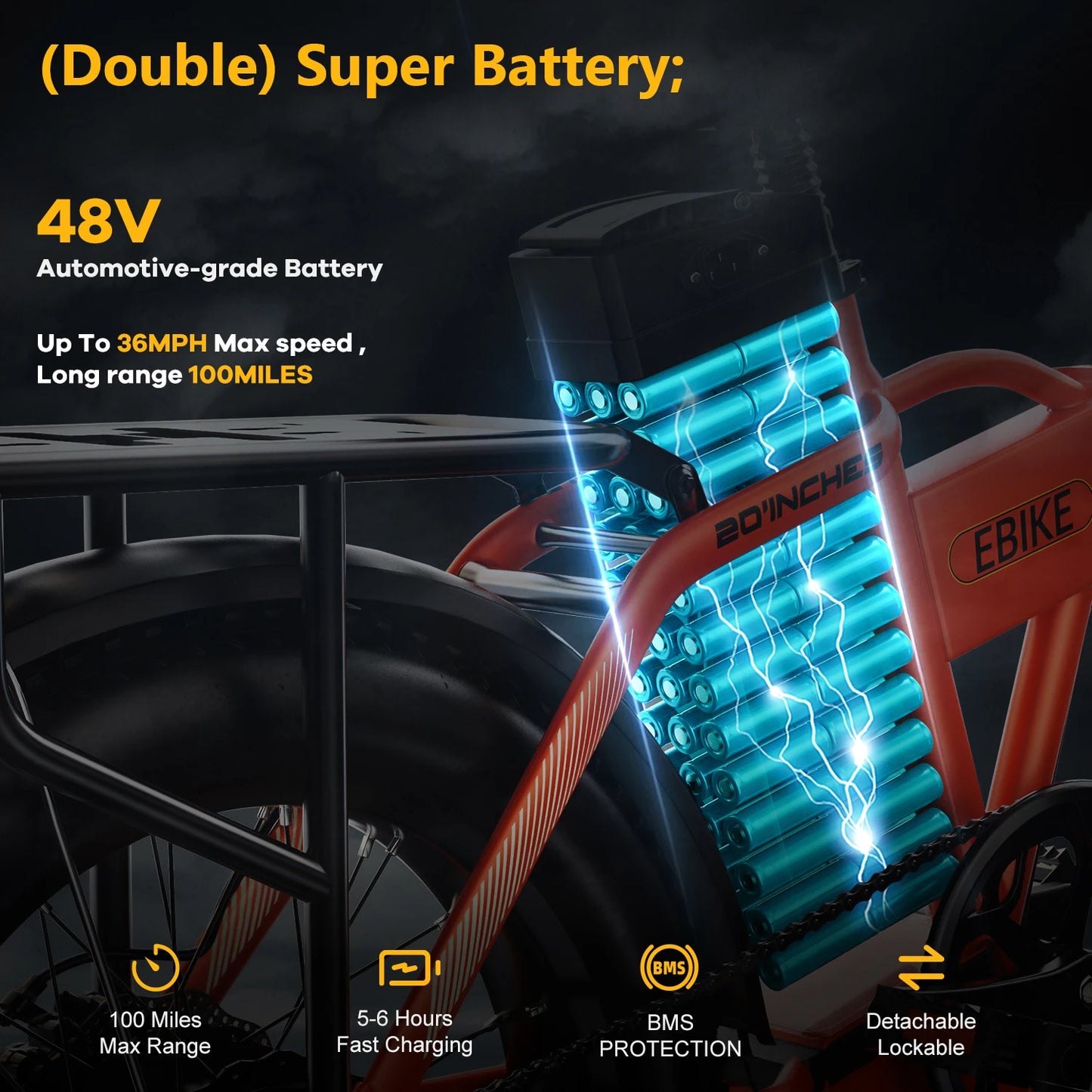 48V 20AH 20” Fat Tire Removable Battery E-Bike, 1000W Peak 7- Speed shift City travel Electric Bike, 30MPH+ 80 Miles Max Range