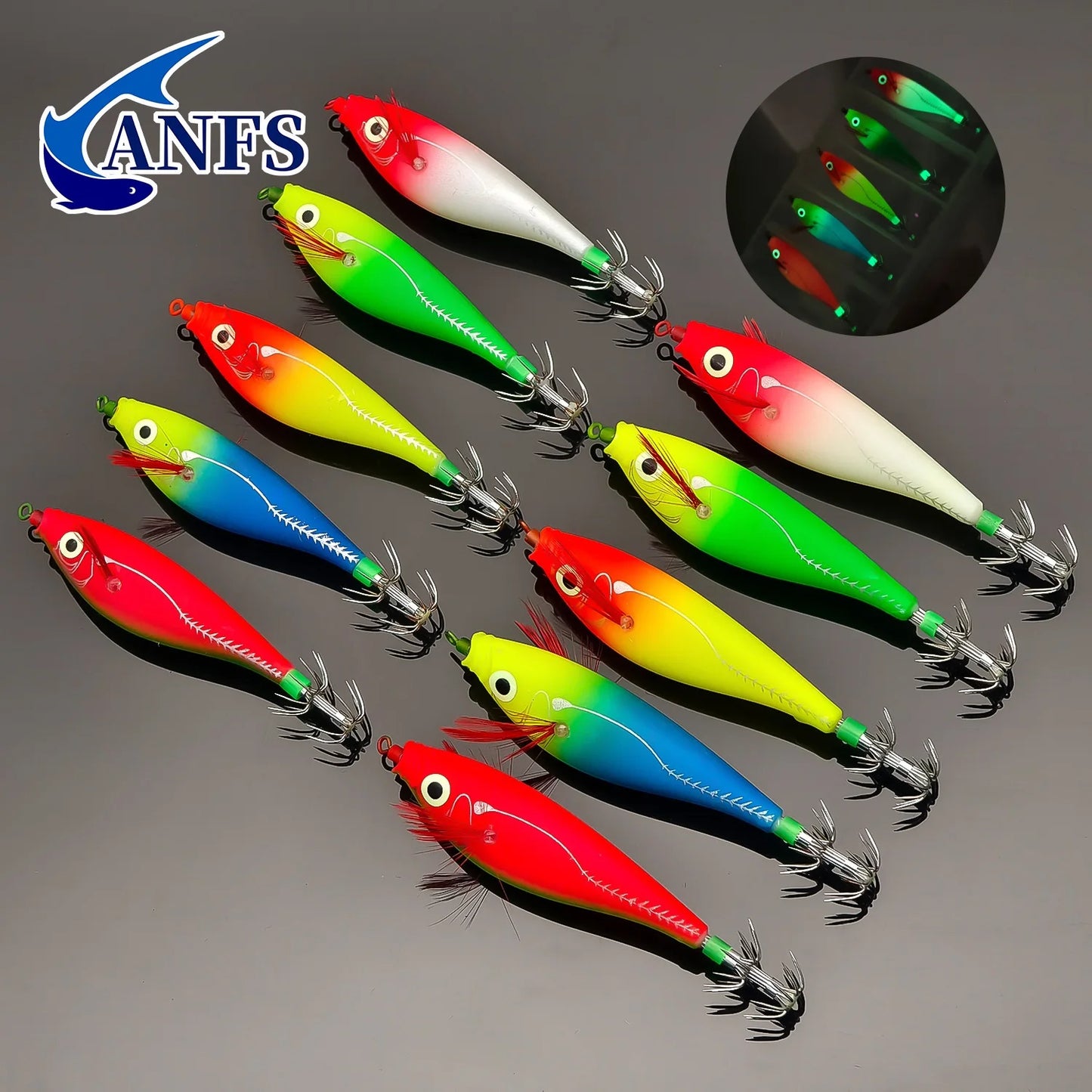 ANFS 5pcs Glowing Squid Hooks - Horizontal Shrimp Lures -