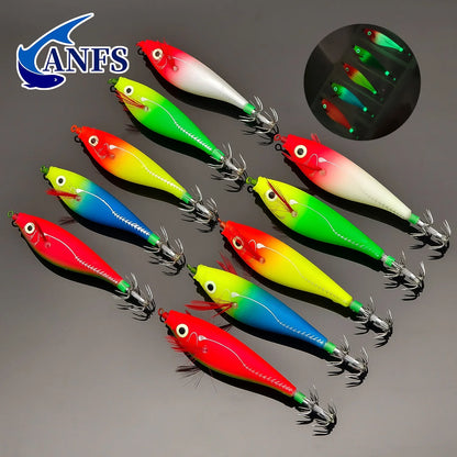 ANFS 5pcs Glowing Squid Hooks - Horizontal Shrimp Lures -