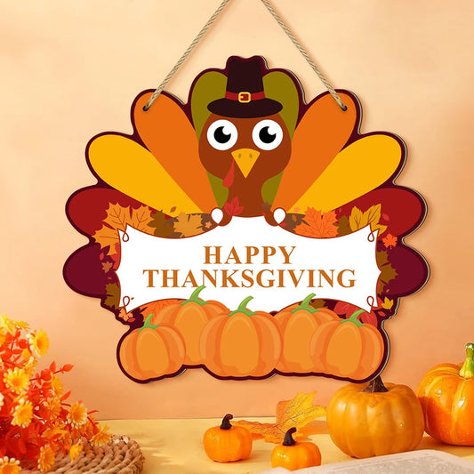 Thanksgiving - themed Wooden Hanging Sign with Cute Turkey,