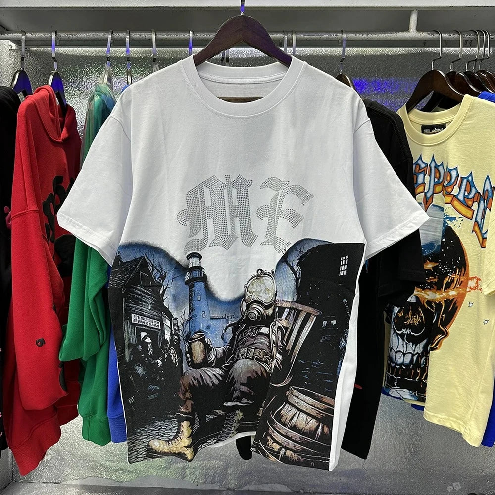 New Summer Letter Rhinestone Short Sleeve Black Men's T-Shirt