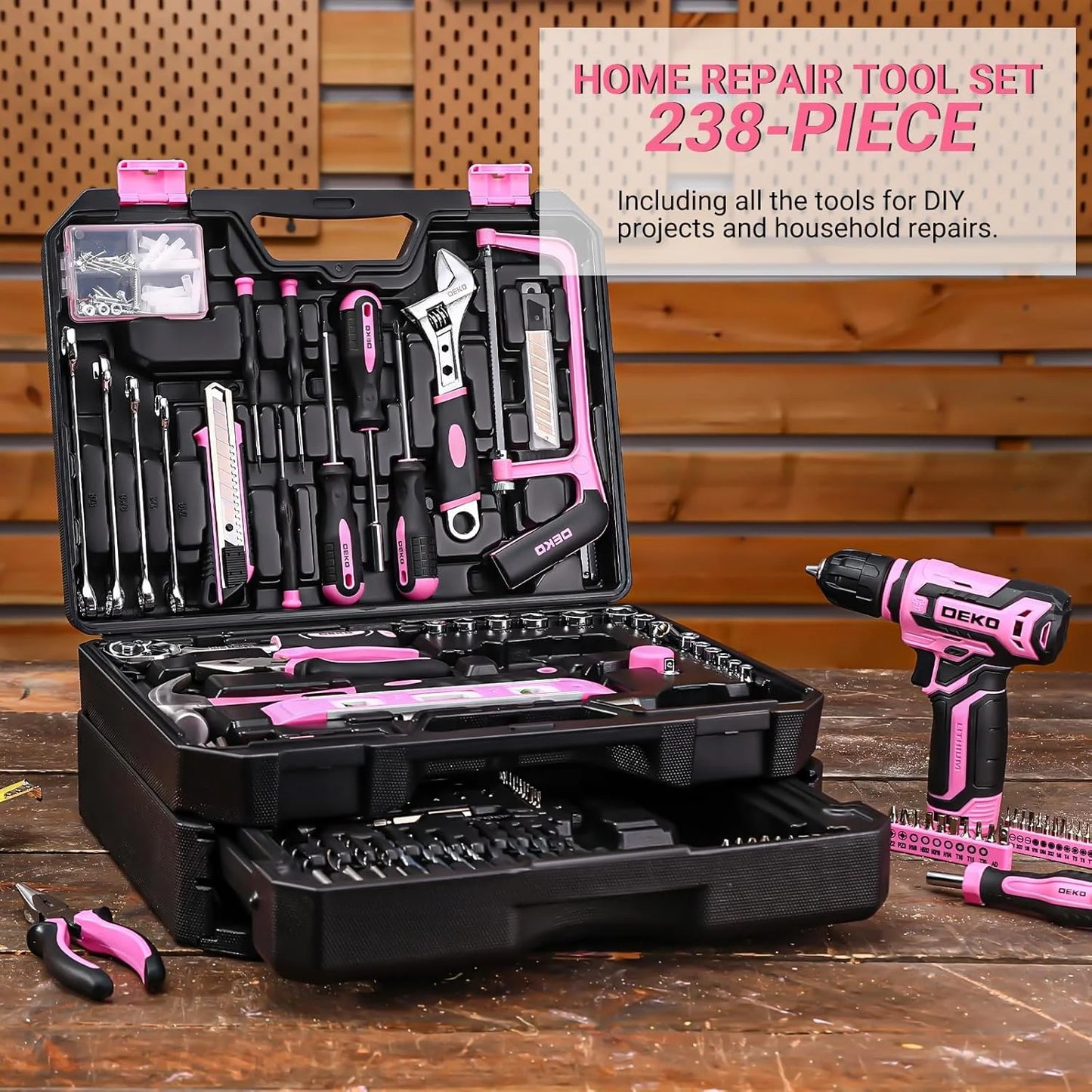 DEKO Home Mechanic Toolbox with 12V Power Cordless Drill Hand