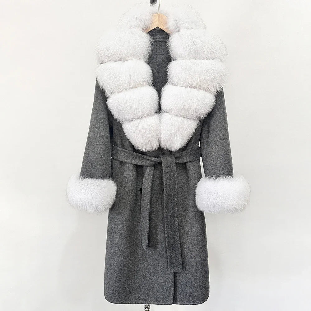 Wool Blends Coat Fashion Long Natural Warm Real Fox Fur Jacket