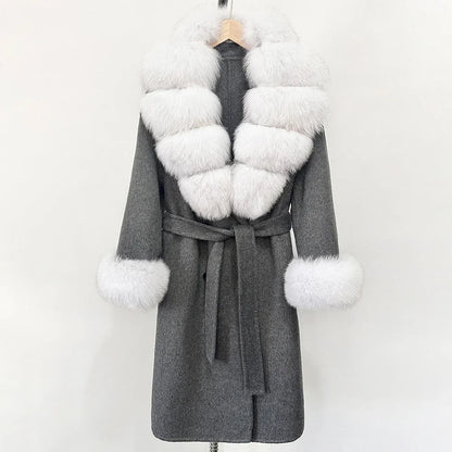 Wool Blends Coat Fashion Long Natural Warm Real Fox Fur Jacket