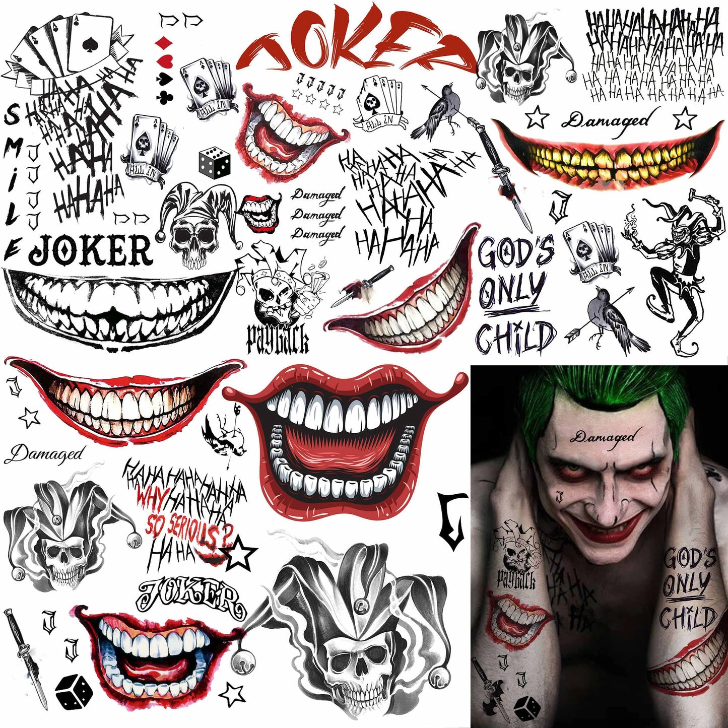 5 Sheets Crazy Joker Halloween Tattoos Evil Skull