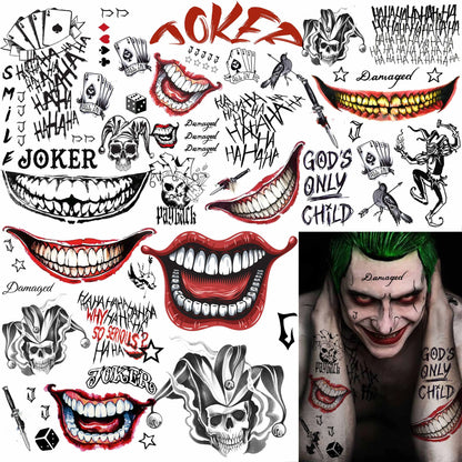 5 Sheets Crazy Joker Halloween Tattoos Evil Skull