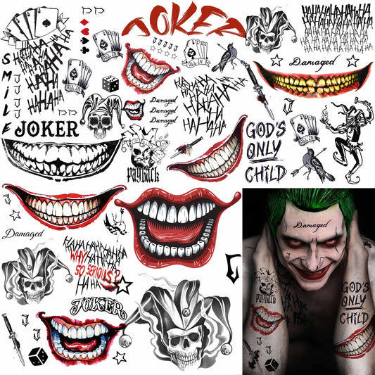 5 Sheets Crazy Joker Halloween Tattoos Evil Skull