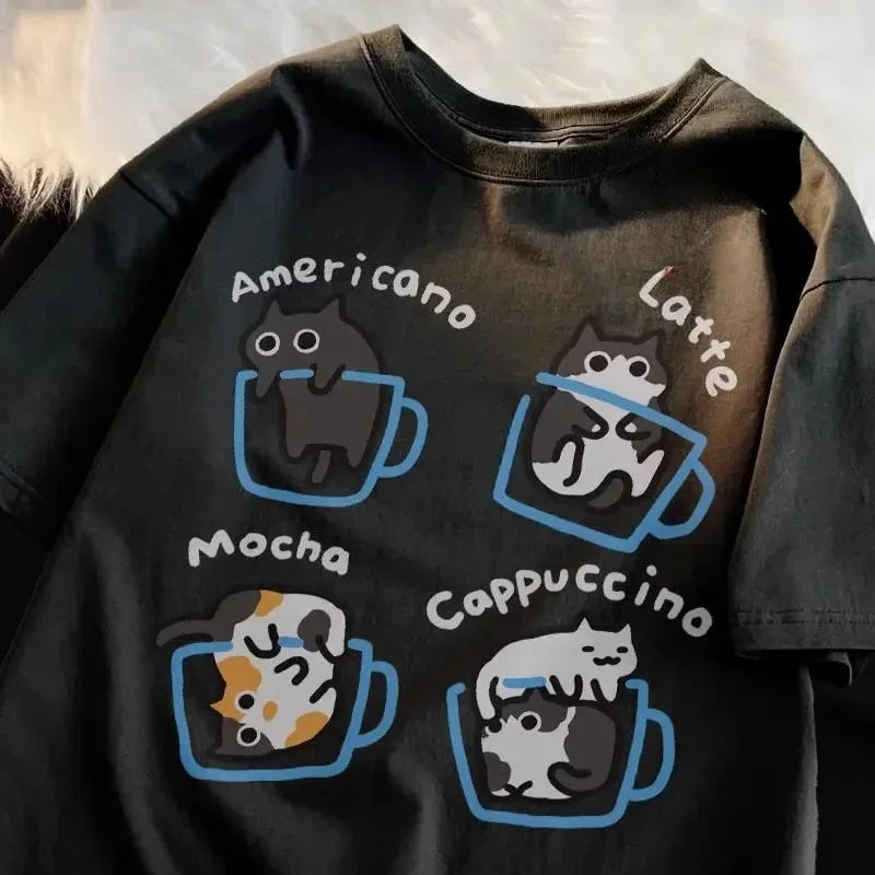 Cat Coffee Printed T-shirt Women's Summer