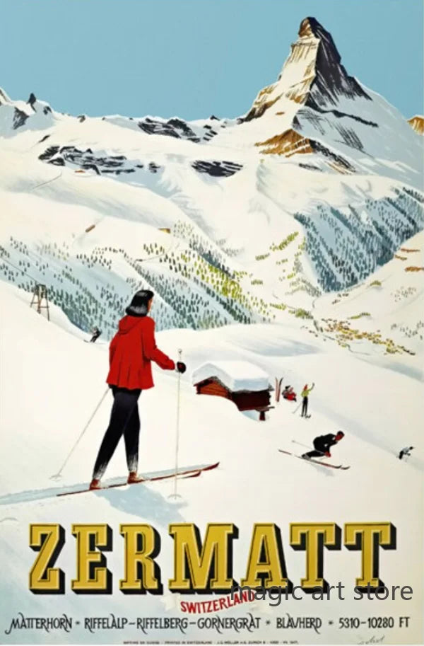 Retro Zermatt Chamonix Skiing Art Poster Vintage Australia