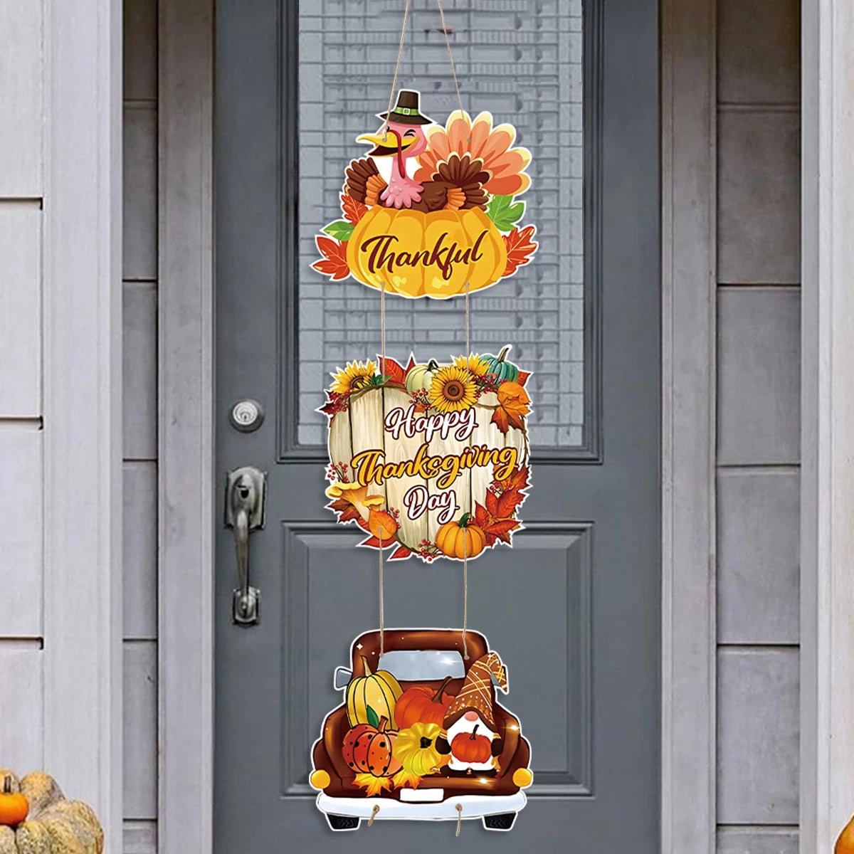 Happy Thanksgiving Day Door Banner Autumn Vine Wreath