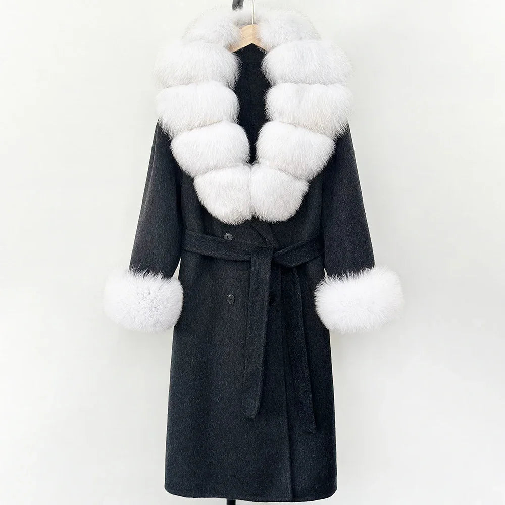 Wool Blends Coat Fashion Long Natural Warm Real Fox Fur Jacket