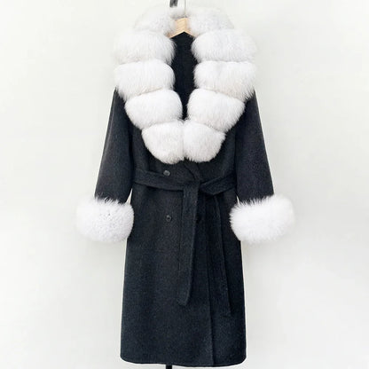 Wool Blends Coat Fashion Long Natural Warm Real Fox Fur Jacket