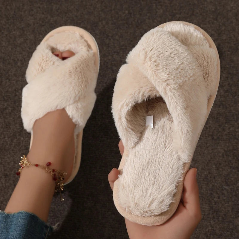 Cross Warm Fluffy Furry Slippers Womens