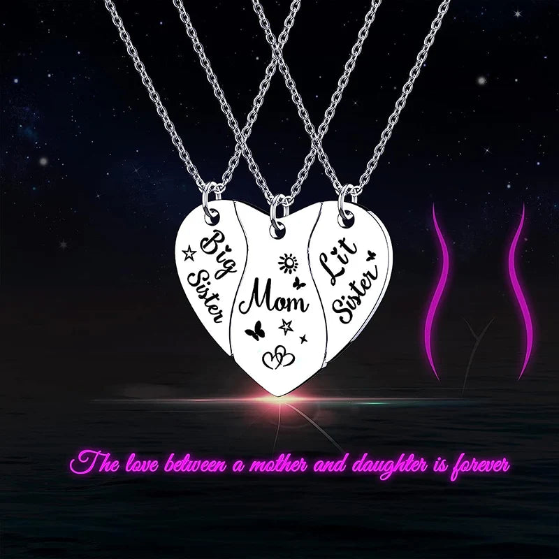 3 PCS Mom Big Sister Littler Sister Heart Matching Necklace