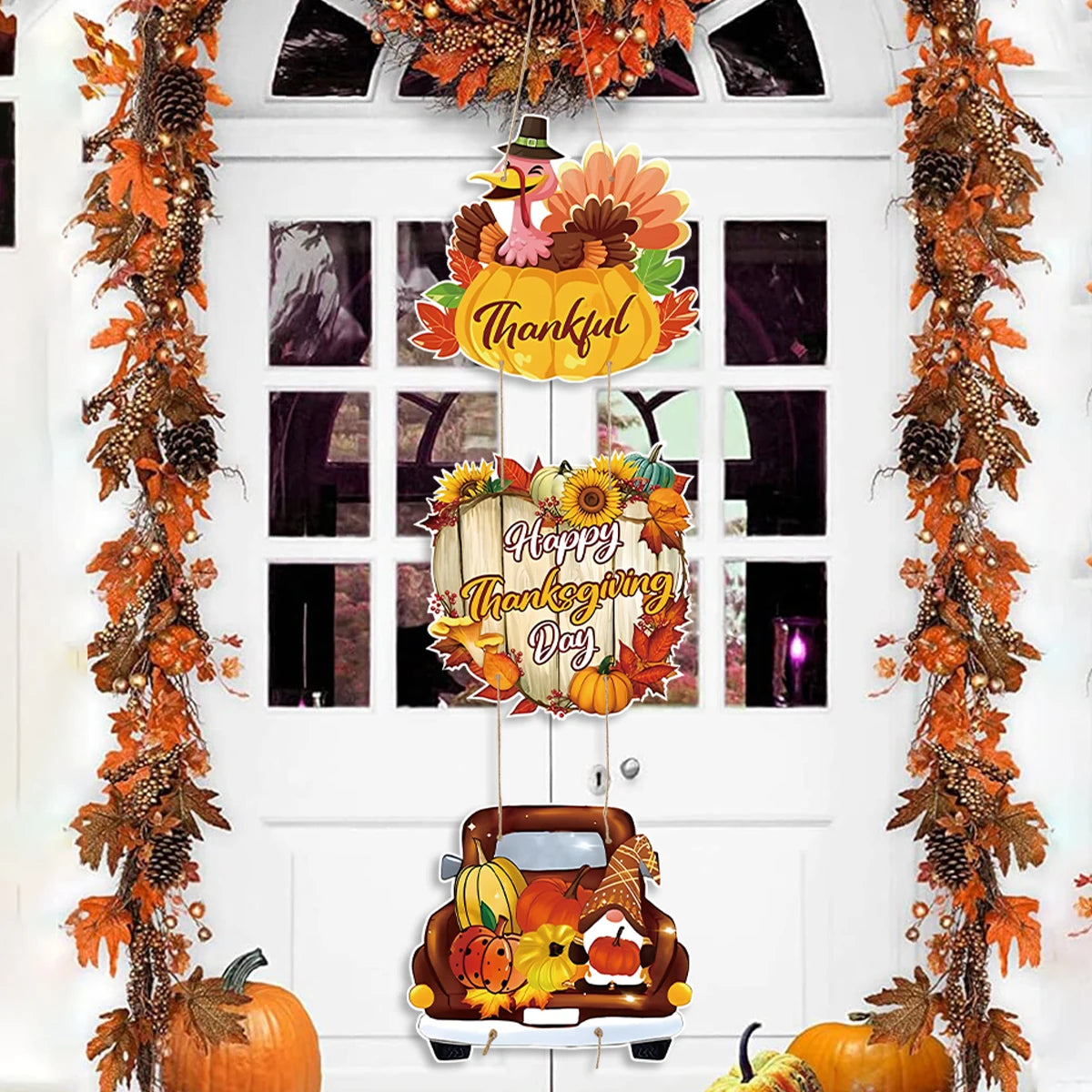 Happy Thanksgiving Day Door Banner Autumn Vine Wreath