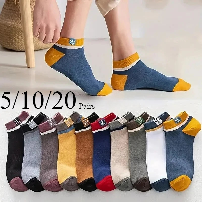 5-20 Pairs Unisex Color Block Side Label men Boat Socks Soft Comfortable Breathable Odor Proof Sports Style Casual Couple Socks