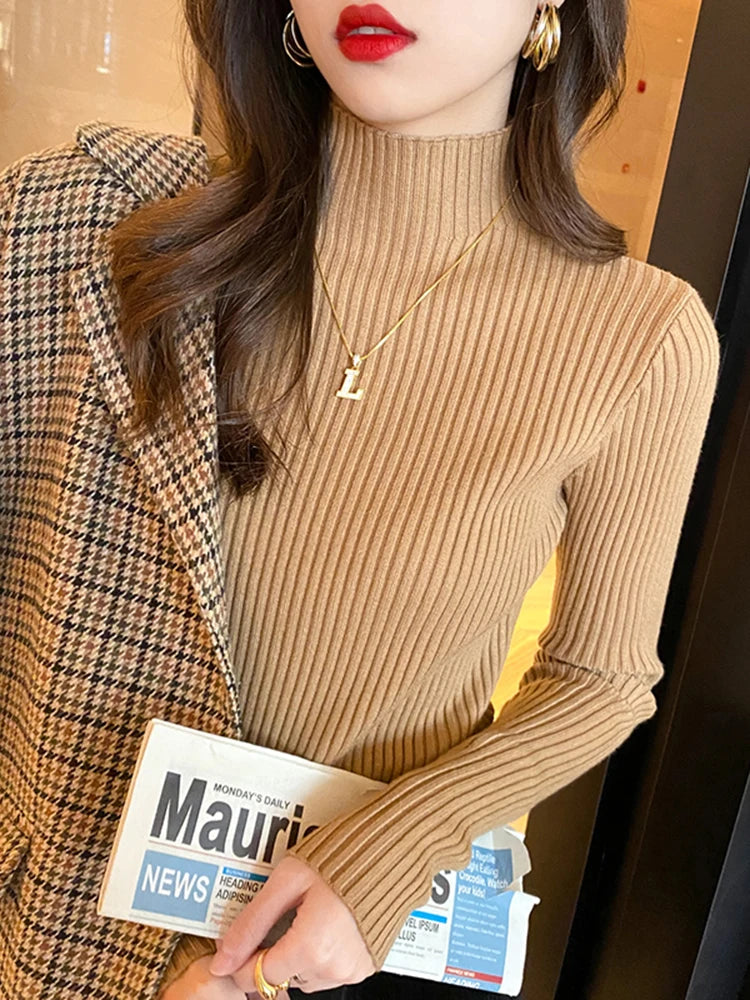 Elegant Solid Basic Knitted Tops Women Turtlneck
