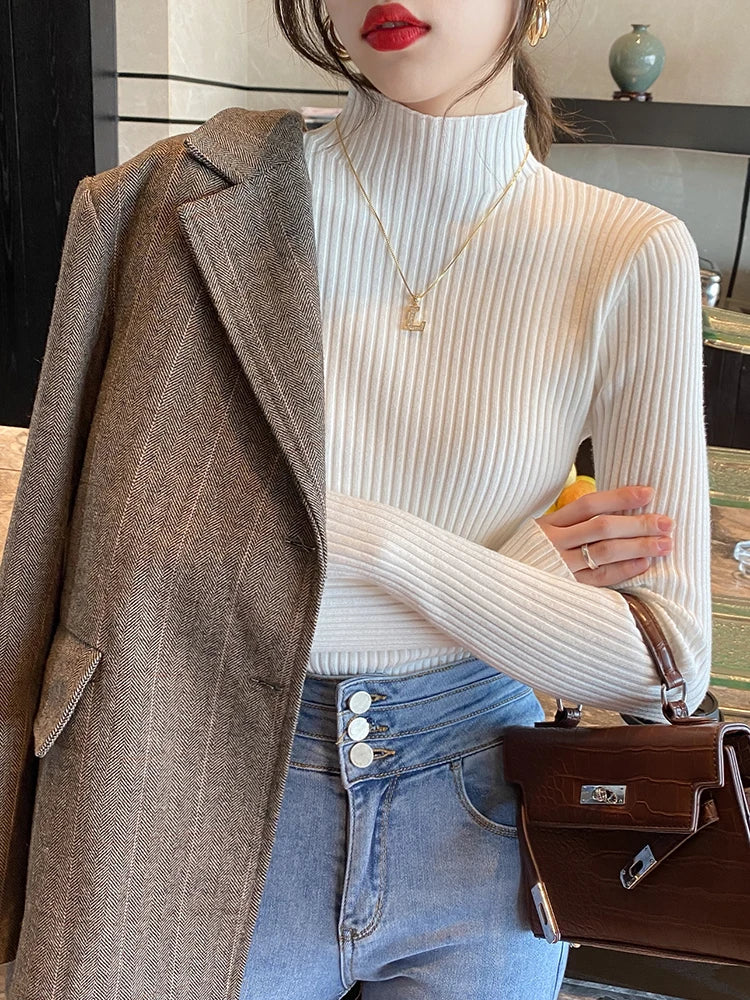 Elegant Solid Basic Knitted Tops Women Turtlneck