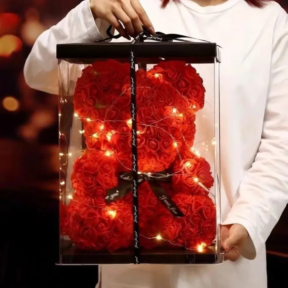 25cm Artificial Teddy Rose Flower Bear with Box Romantic Valentines Day